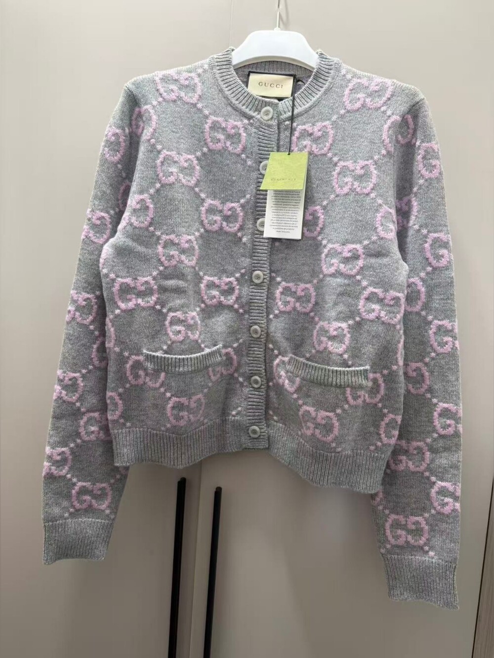 Gucci Gray and Pink GG Logo Wool Cardigan
